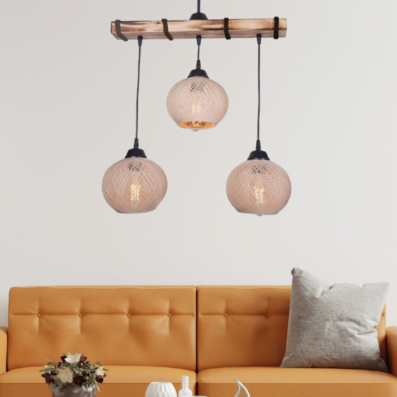 Ceiling lamp Sirmione Megapap E27 wooden - rope three-light color beige - natural 49x17x75cm.