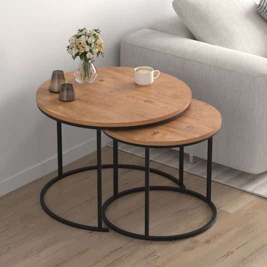 Τραπεζάκι σαλονιού σετ 2 τμχ Hilal Megapap χρώμα pine oak Ø66x49,5εκ. - Hippiehome.gr