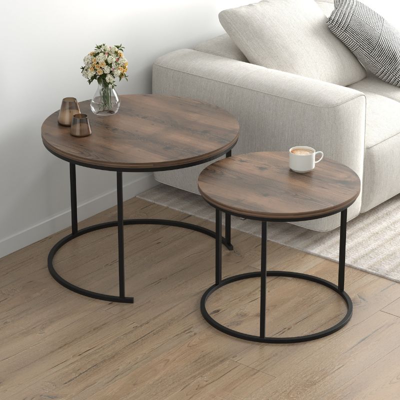 Τραπεζάκι σαλονιού σετ 2 τμχ Hilal Megapap χρώμα καπνιστή καρυδιά Ø66x49,5εκ. - Hippiehome.gr