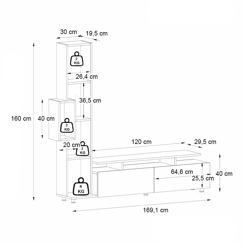 Σύνθεση τηλεόρασης Tulip Megapap χρώμα λευκό - sepet oak 160x29,5x160εκ. - Hippiehome.gr