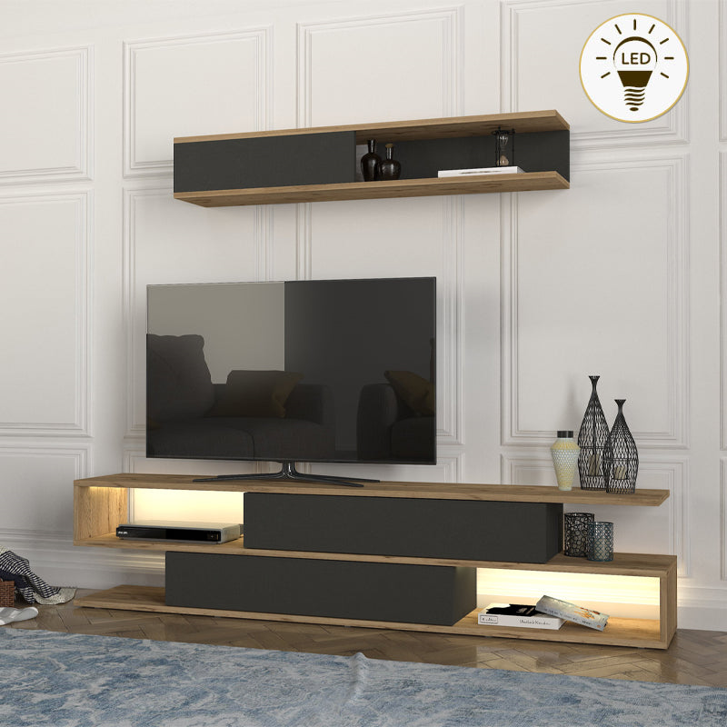 Σύνθεση τηλεόρασης Manet Megapap με LED χρώμα sepet oak - ανθρακί 180x29,5x39εκ. - Hippiehome.gr