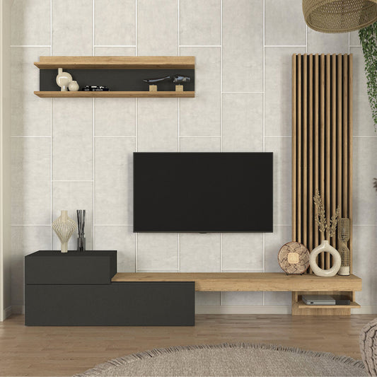 Σύνθεση τηλεόρασης Dumont Megapap χρώμα ανθρακί - sepet oak 240x36,8x200εκ. - Hippiehome.gr