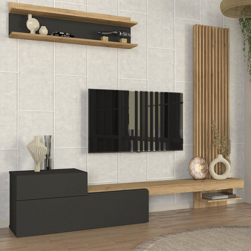 Σύνθεση τηλεόρασης Dumont Megapap χρώμα ανθρακί - sepet oak 240x36,8x200εκ. - Hippiehome.gr
