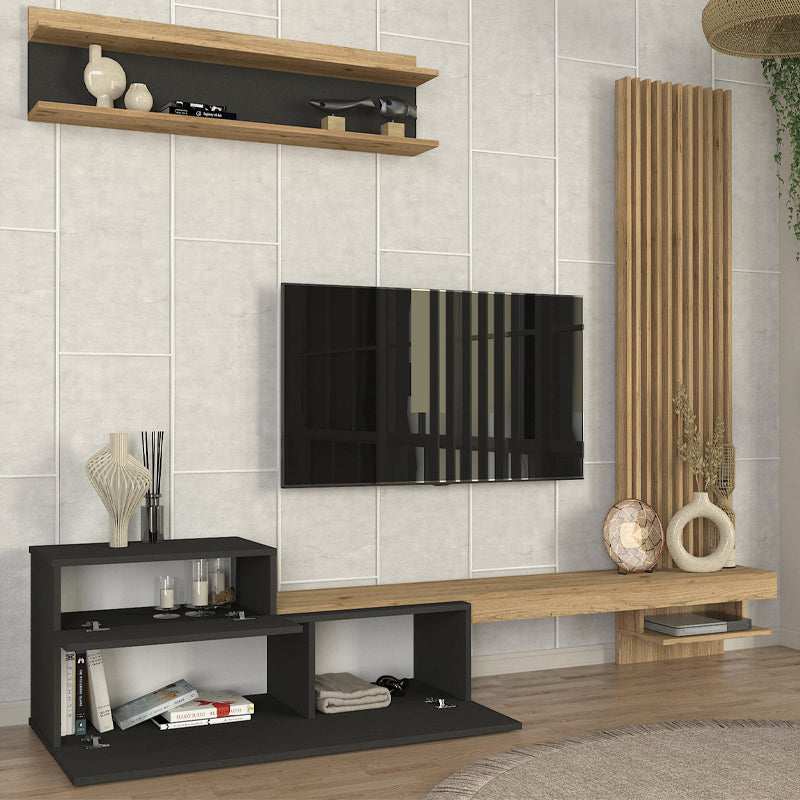 Σύνθεση τηλεόρασης Dumont Megapap χρώμα ανθρακί - sepet oak 240x36,8x200εκ. - Hippiehome.gr