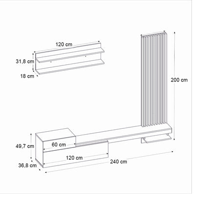 Σύνθεση τηλεόρασης Dumont Megapap χρώμα ανθρακί - sepet oak 240x36,8x200εκ. - Hippiehome.gr