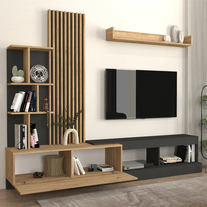 Σύνθεση τηλεόρασης Vermont Megapap χρώμα ανθρακί - sepet oak 240x40x192εκ. - Hippiehome.gr