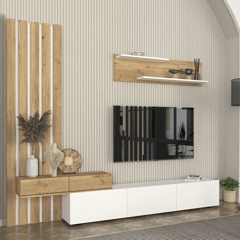 Σύνθεση τηλεόρασης Rosaline Megapap χρώμα λευκό - sepet oak 233x31,3x196,8εκ. - Hippiehome.gr