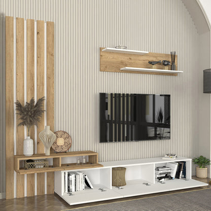 Σύνθεση τηλεόρασης Rosaline Megapap χρώμα λευκό - sepet oak 233x31,3x196,8εκ. - Hippiehome.gr