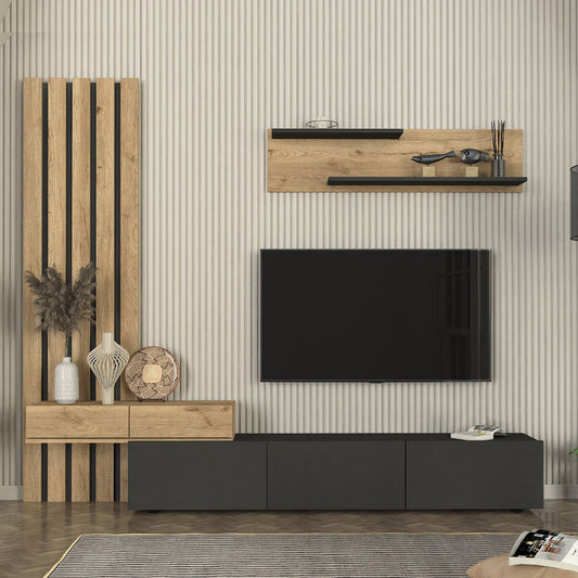 Σύνθεση τηλεόρασης Rosaline Megapap χρώμα ανθρακί - sepet oak 233x31,3x196,8εκ. - Hippiehome.gr