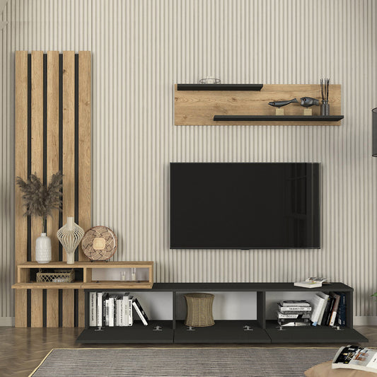 Σύνθεση τηλεόρασης Rosaline Megapap χρώμα ανθρακί - sepet oak 233x31,3x196,8εκ. - Hippiehome.gr