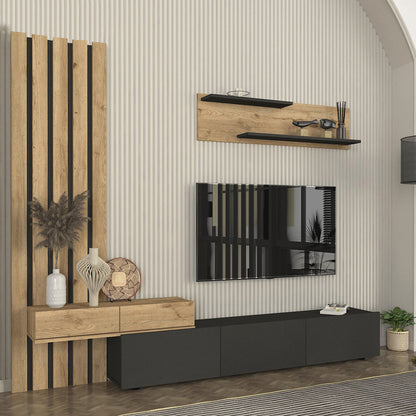 Σύνθεση τηλεόρασης Rosaline Megapap χρώμα ανθρακί - sepet oak 233x31,3x196,8εκ. - Hippiehome.gr