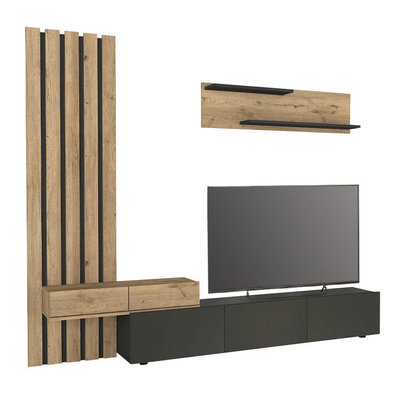 Σύνθεση τηλεόρασης Rosaline Megapap χρώμα ανθρακί - sepet oak 233x31,3x196,8εκ. - Hippiehome.gr