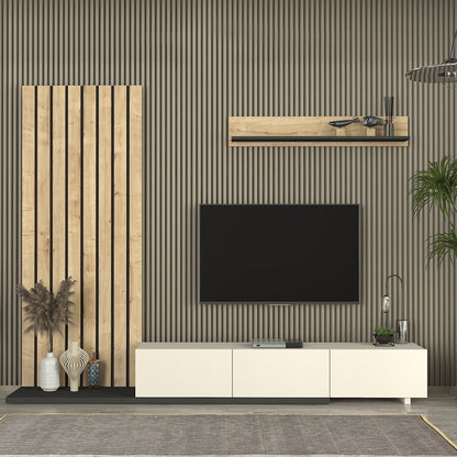 Σύνθεση τηλεόρασης Nagini Megapap χρώμα ivory - sapphire oak - ανθρακί 260x39,4x203,6εκ. - Hippiehome.gr