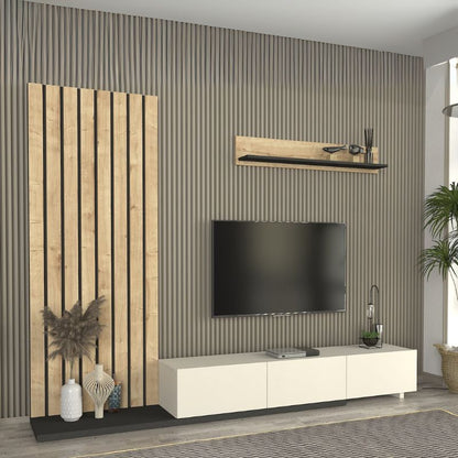 Σύνθεση τηλεόρασης Nagini Megapap χρώμα ivory - sapphire oak - ανθρακί 260x39,4x203,6εκ. - Hippiehome.gr