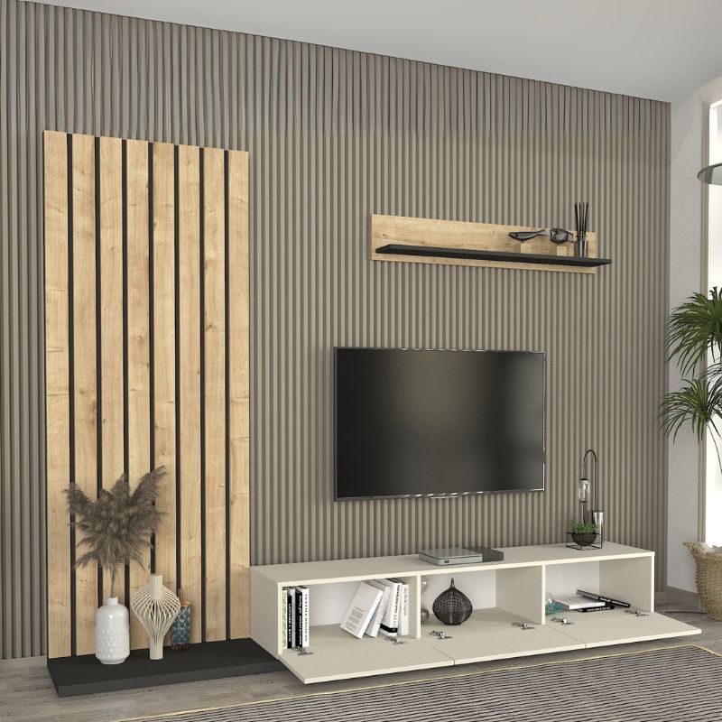 Σύνθεση τηλεόρασης Nagini Megapap χρώμα ivory - sapphire oak - ανθρακί 260x39,4x203,6εκ. - Hippiehome.gr