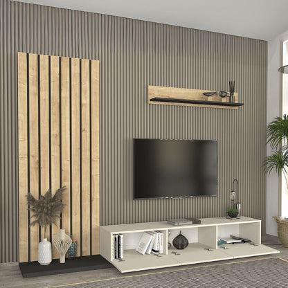 Σύνθεση τηλεόρασης Nagini Megapap χρώμα ivory - sapphire oak - ανθρακί 260x39,4x203,6εκ. - Hippiehome.gr