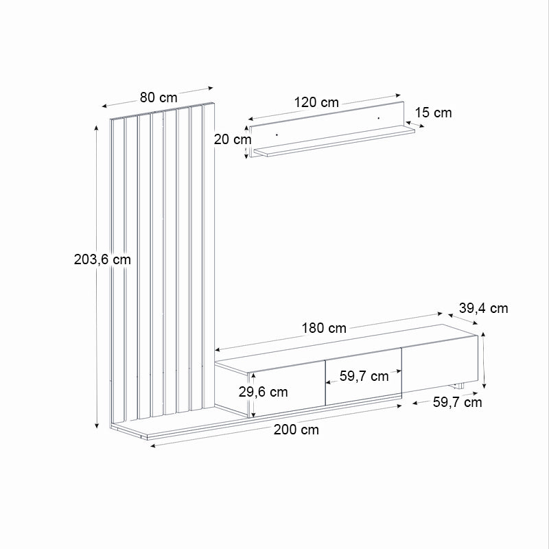Σύνθεση τηλεόρασης Nagini Megapap χρώμα ivory - sapphire oak - ανθρακί 260x39,4x203,6εκ. - Hippiehome.gr