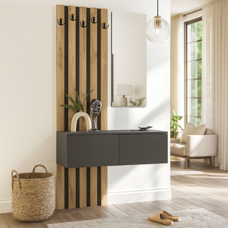 Έπιπλο εισόδου Kanso Megapap χρώμα ανθρακί - sepet oak 100x35x196,7εκ. - Hippiehome.gr