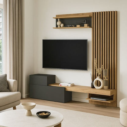Σύνθεση τηλεόρασης Dumont Megapap χρώμα ανθρακί - sepet oak 180x36,8x200εκ. - Hippiehome.gr
