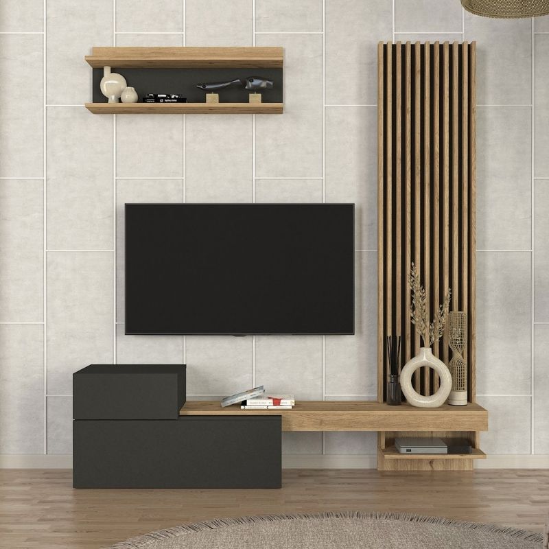 Σύνθεση τηλεόρασης Dumont Megapap χρώμα ανθρακί - sepet oak 180x36,8x200εκ. - Hippiehome.gr