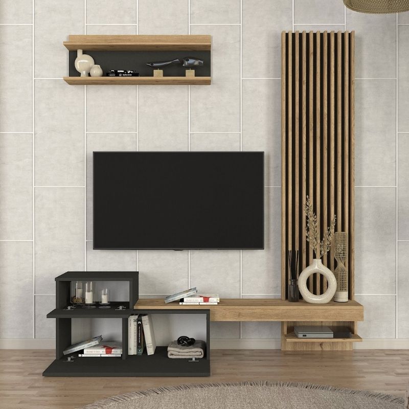 Σύνθεση τηλεόρασης Dumont Megapap χρώμα ανθρακί - sepet oak 180x36,8x200εκ. - Hippiehome.gr