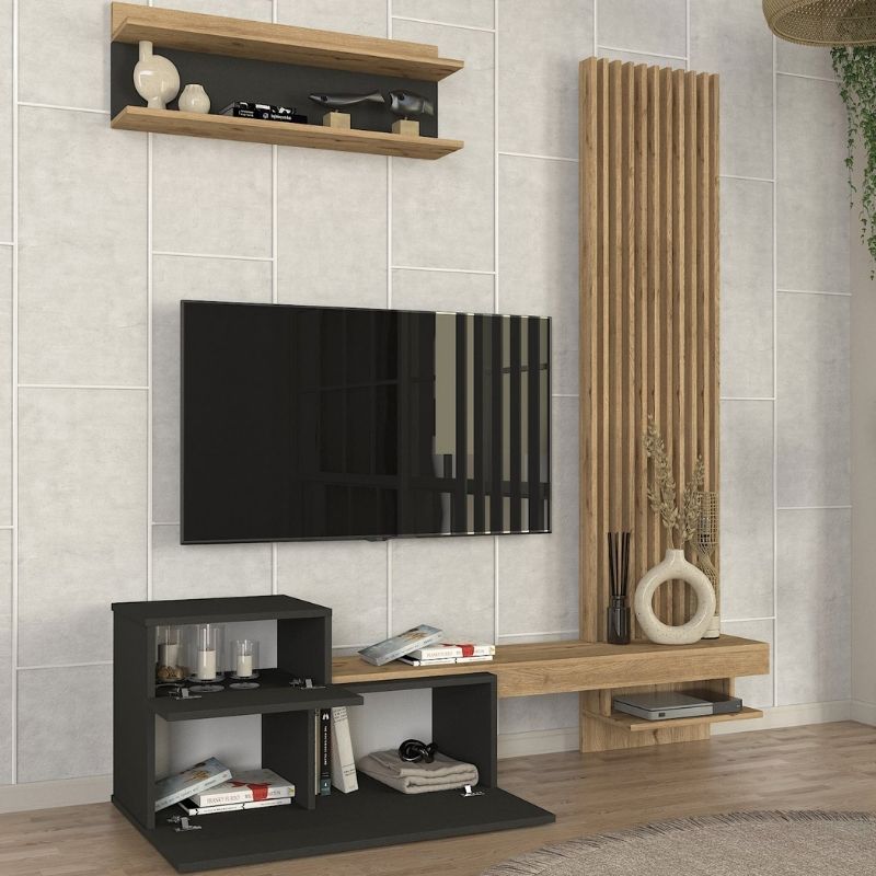 Σύνθεση τηλεόρασης Dumont Megapap χρώμα ανθρακί - sepet oak 180x36,8x200εκ. - Hippiehome.gr