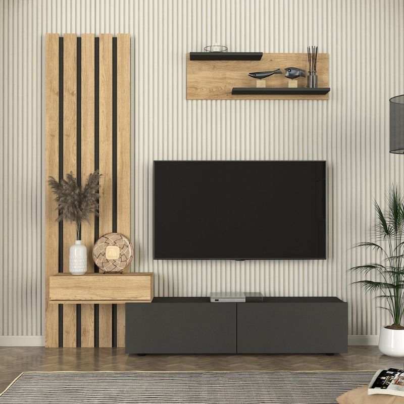 Σύνθεση τηλεόρασης Rosaline Megapap χρώμα ανθρακί - sepet oak 183x31,3x196,9εκ. - Hippiehome.gr