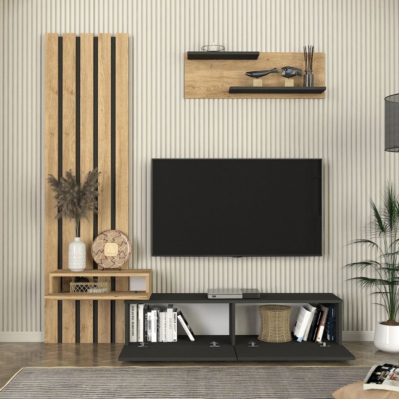Σύνθεση τηλεόρασης Rosaline Megapap χρώμα ανθρακί - sepet oak 183x31,3x196,9εκ. - Hippiehome.gr