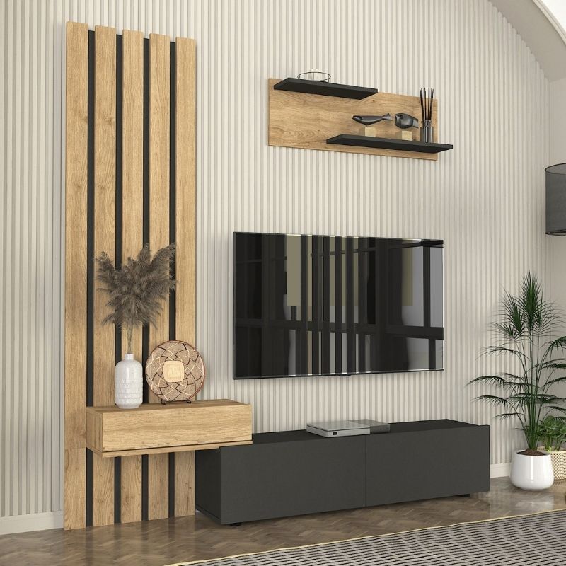 Σύνθεση τηλεόρασης Rosaline Megapap χρώμα ανθρακί - sepet oak 183x31,3x196,9εκ. - Hippiehome.gr