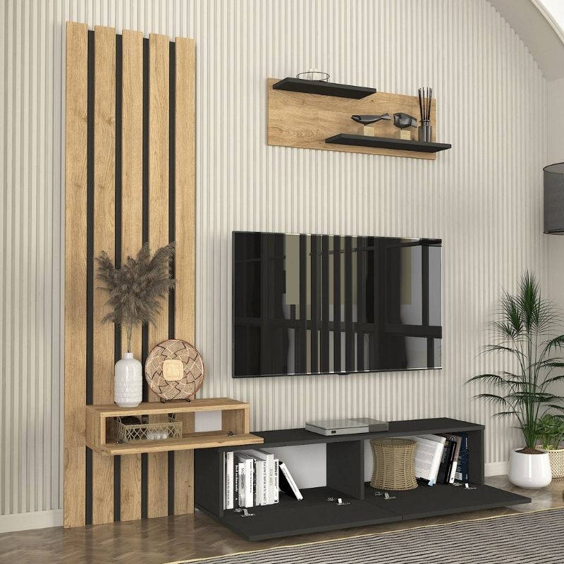 Σύνθεση τηλεόρασης Rosaline Megapap χρώμα ανθρακί - sepet oak 183x31,3x196,9εκ. - Hippiehome.gr