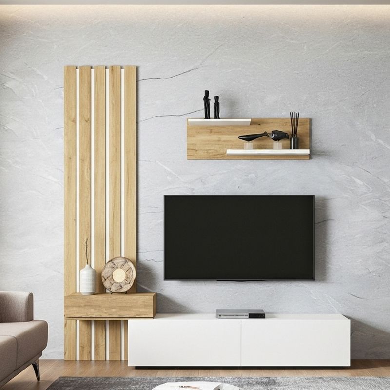 Σύνθεση τηλεόρασης Rosaline Megapap χρώμα λευκό - sepet oak 183x31,3x196,9εκ. - Hippiehome.gr