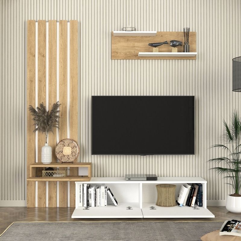 Σύνθεση τηλεόρασης Rosaline Megapap χρώμα λευκό - sepet oak 183x31,3x196,9εκ. - Hippiehome.gr