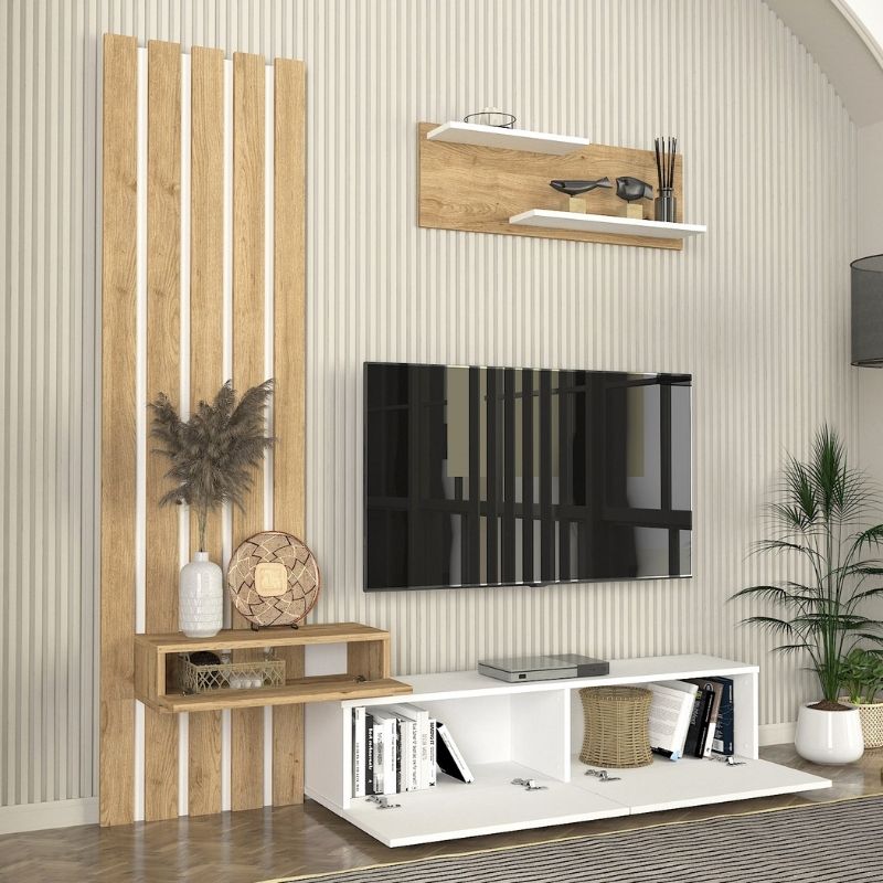 Σύνθεση τηλεόρασης Rosaline Megapap χρώμα λευκό - sepet oak 183x31,3x196,9εκ. - Hippiehome.gr