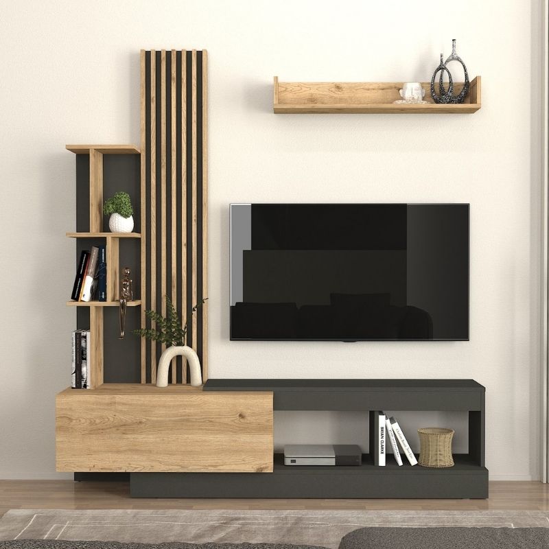 Σύνθεση τηλεόρασης Vermont Megapap χρώμα ανθρακί - sepet oak 180x40x193,8εκ. - Hippiehome.gr
