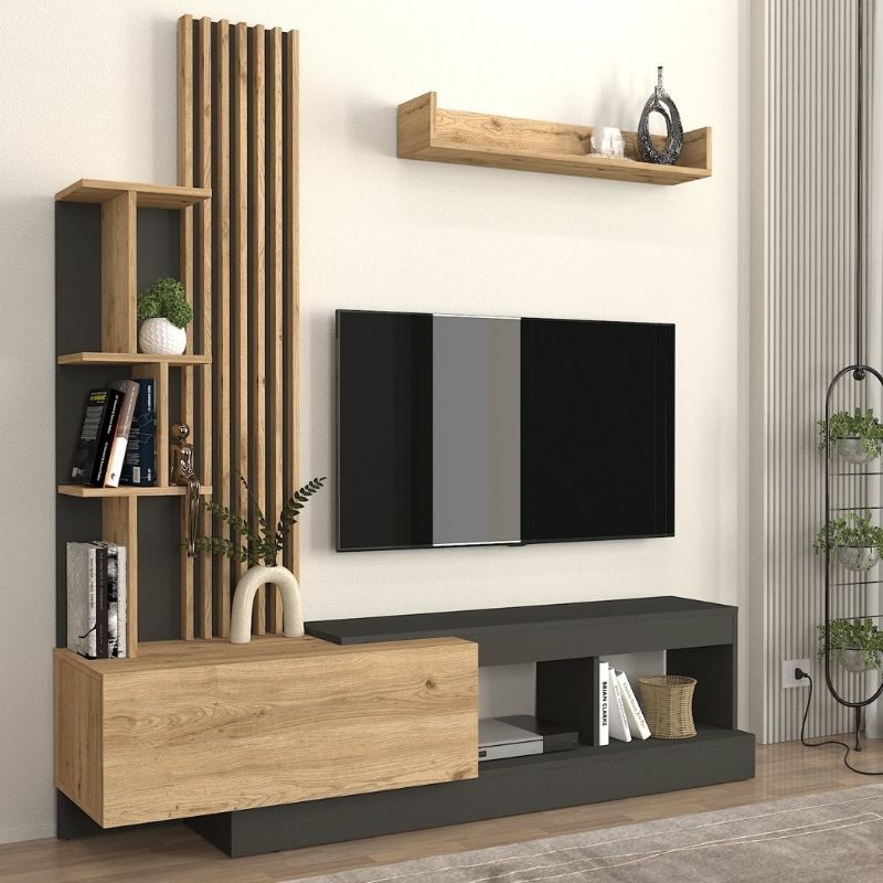 Σύνθεση τηλεόρασης Vermont Megapap χρώμα ανθρακί - sepet oak 180x40x193,8εκ. - Hippiehome.gr