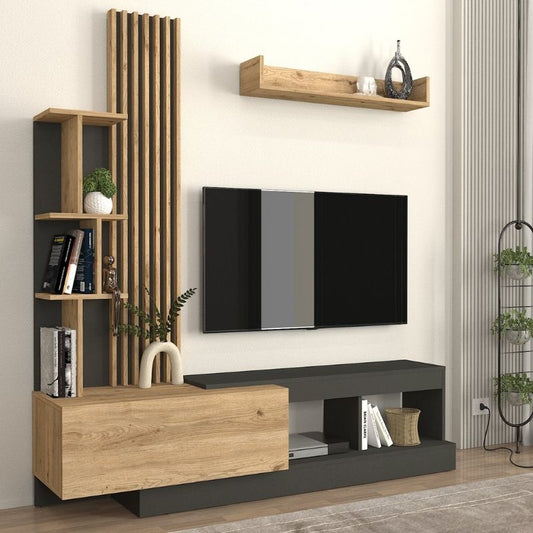 Σύνθεση τηλεόρασης Vermont Megapap χρώμα ανθρακί - sepet oak 180x40x193,8εκ. - Hippiehome.gr