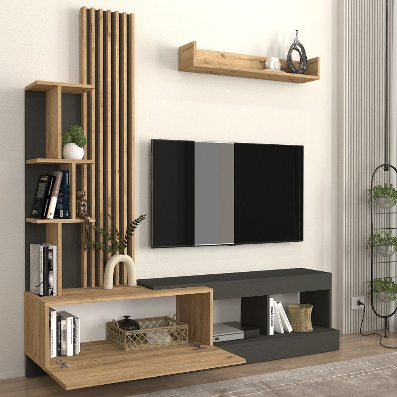 Σύνθεση τηλεόρασης Vermont Megapap χρώμα ανθρακί - sepet oak 180x40x193,8εκ. - Hippiehome.gr