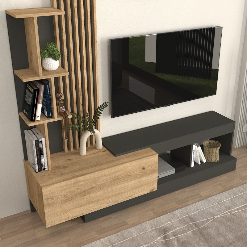 Σύνθεση τηλεόρασης Vermont Megapap χρώμα ανθρακί - sepet oak 180x40x193,8εκ. - Hippiehome.gr