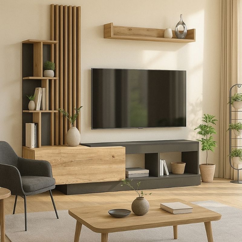 Σύνθεση τηλεόρασης Vermont Megapap χρώμα ανθρακί - sepet oak 180x40x193,8εκ. - Hippiehome.gr
