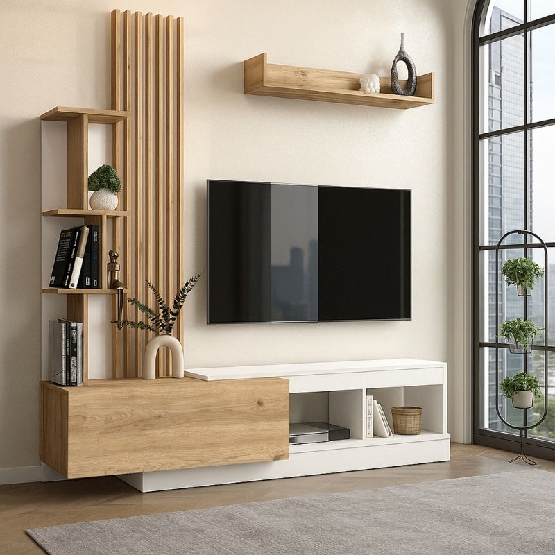 Σύνθεση τηλεόρασης Vermont Megapap χρώμα λευκό - sepet oak 180x40x193,8εκ. - Hippiehome.gr