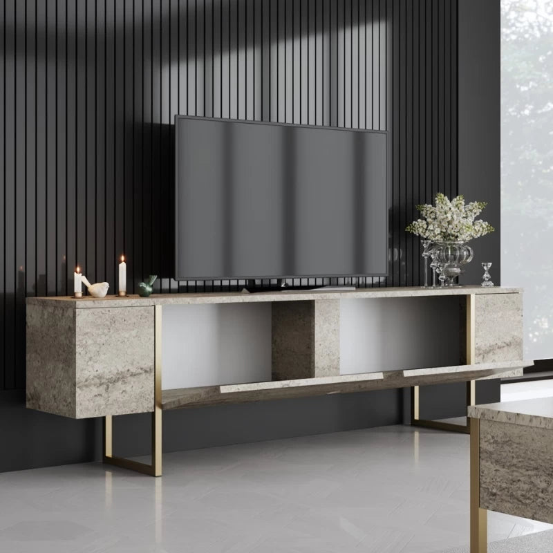 Έπιπλο τηλεόρασης Luxe Megapap χρώμα travertine - χρυσό 180x30x50εκ. - Hippiehome.gr