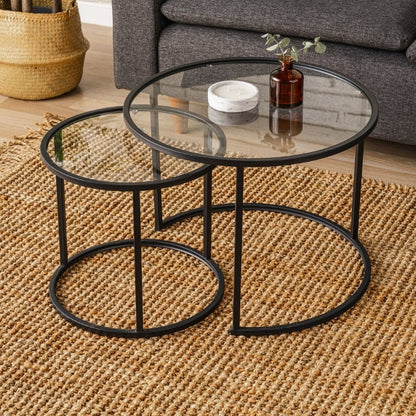 Τραπεζάκι σαλονιού σετ 2 τμχ Vetro Megapap μέταλλο - γυαλί χρώμα μαύρο Ø60x43εκ. - Hippiehome.gr