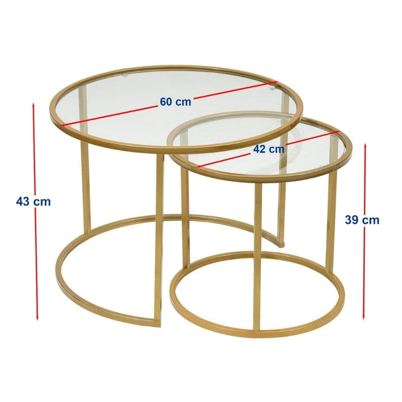 Τραπεζάκι σαλονιού σετ 2 τμχ Vetro Megapap μέταλλο - γυαλί χρώμα χρυσό Ø60x43εκ. - Hippiehome.gr