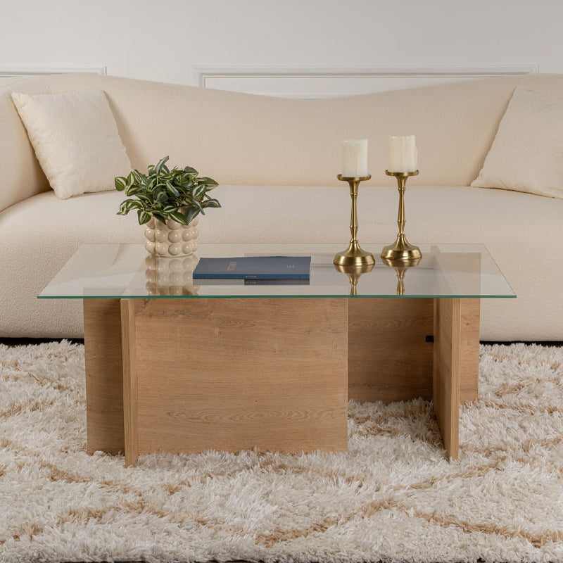 Τραπεζάκι σαλονιού Vetrino Megapap γυάλινο χρώμα honey oak 105x65x40εκ. - Hippiehome.gr