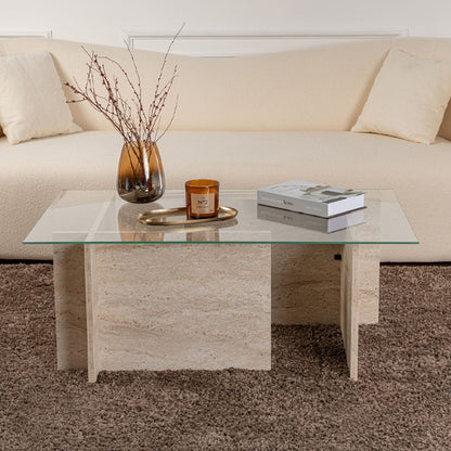 Τραπεζάκι σαλονιού Vetrino Megapap γυάλινο χρώμα travertine 105x65x40εκ. - Hippiehome.gr