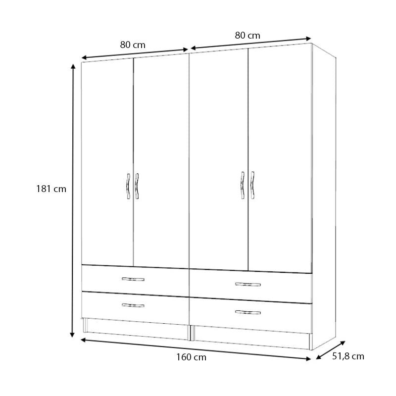 Ντουλάπα ρούχων Ricardo Megapap τετράφυλλη με συρτάρια χρώμα λευκό 160x51,8x181εκ. - Hippiehome.gr