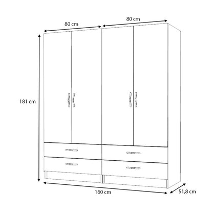 Ντουλάπα ρούχων Ricardo Megapap τετράφυλλη με συρτάρια χρώμα λευκό 160x51,8x181εκ. - Hippiehome.gr