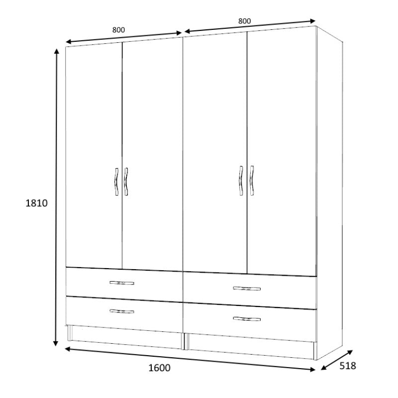 Ντουλάπα ρούχων Ricardo Megapap τετράφυλλη με συρτάρια χρώμα λευκό 160x51,8x181εκ. - Hippiehome.gr