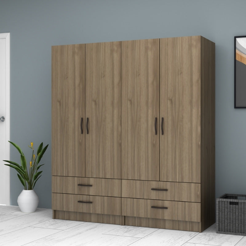 Ντουλάπα ρούχων Ricardo Megapap τετράφυλλη με συρτάρια χρώμα καρυδί 160x51,8x181εκ. - Hippiehome.gr