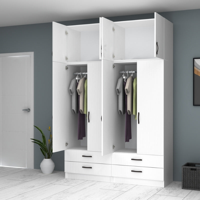 Ντουλάπα ρούχων Ricardo Megapap τετράφυλλη με πατάρι και συρτάρια χρώμα λευκό 160x51,8x240εκ. - Hippiehome.gr